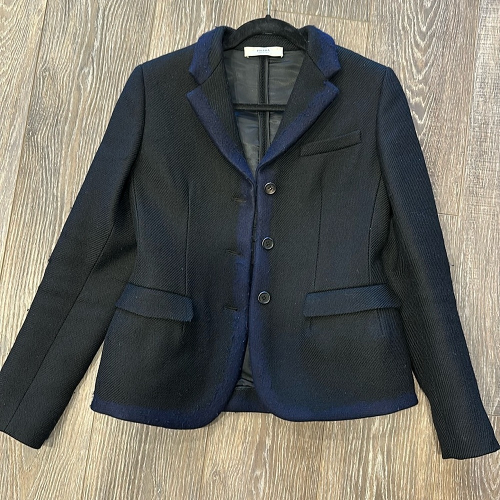 Prada Black Wool Blazer with Navy Detail
